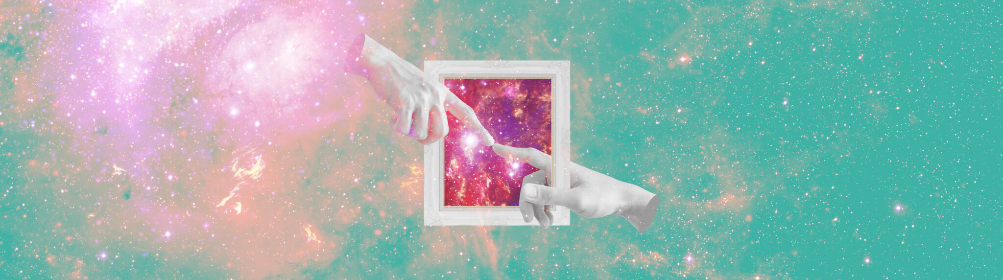 Digital,Collage,Modern,Art.,Hands,,Pointing,Finger,Through,Out,Of