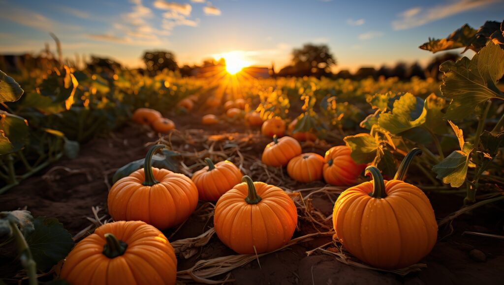 Pumpkins growing in a field at sunset, reflecting the harvest traditions that contributed to the historical origins of Halloween.