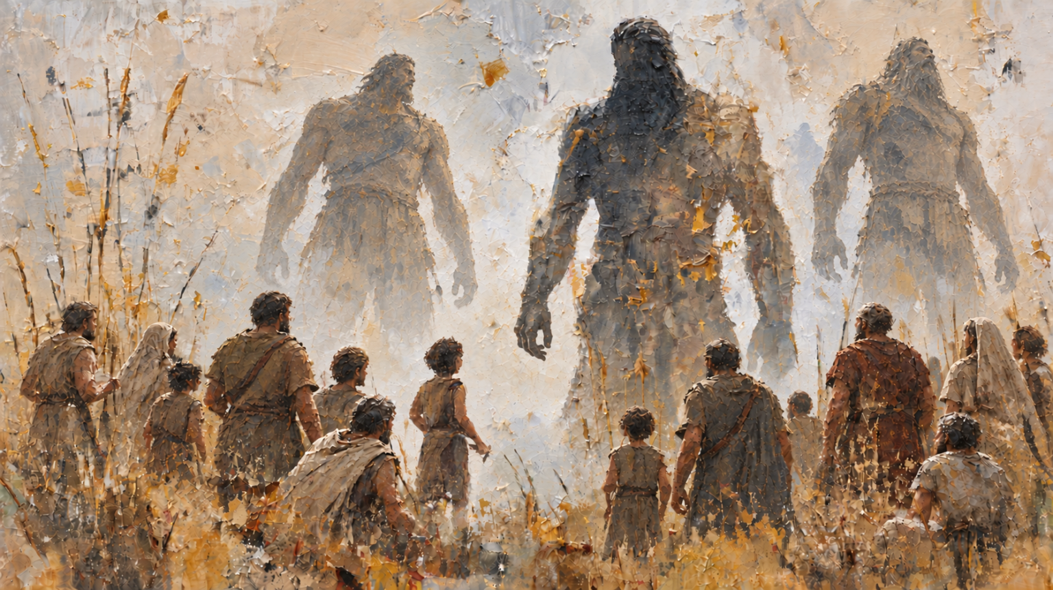 Illustration of towering Nephilim standing before a group of ancient people, depicting the giant and intimidating figures described in Numbers 13.